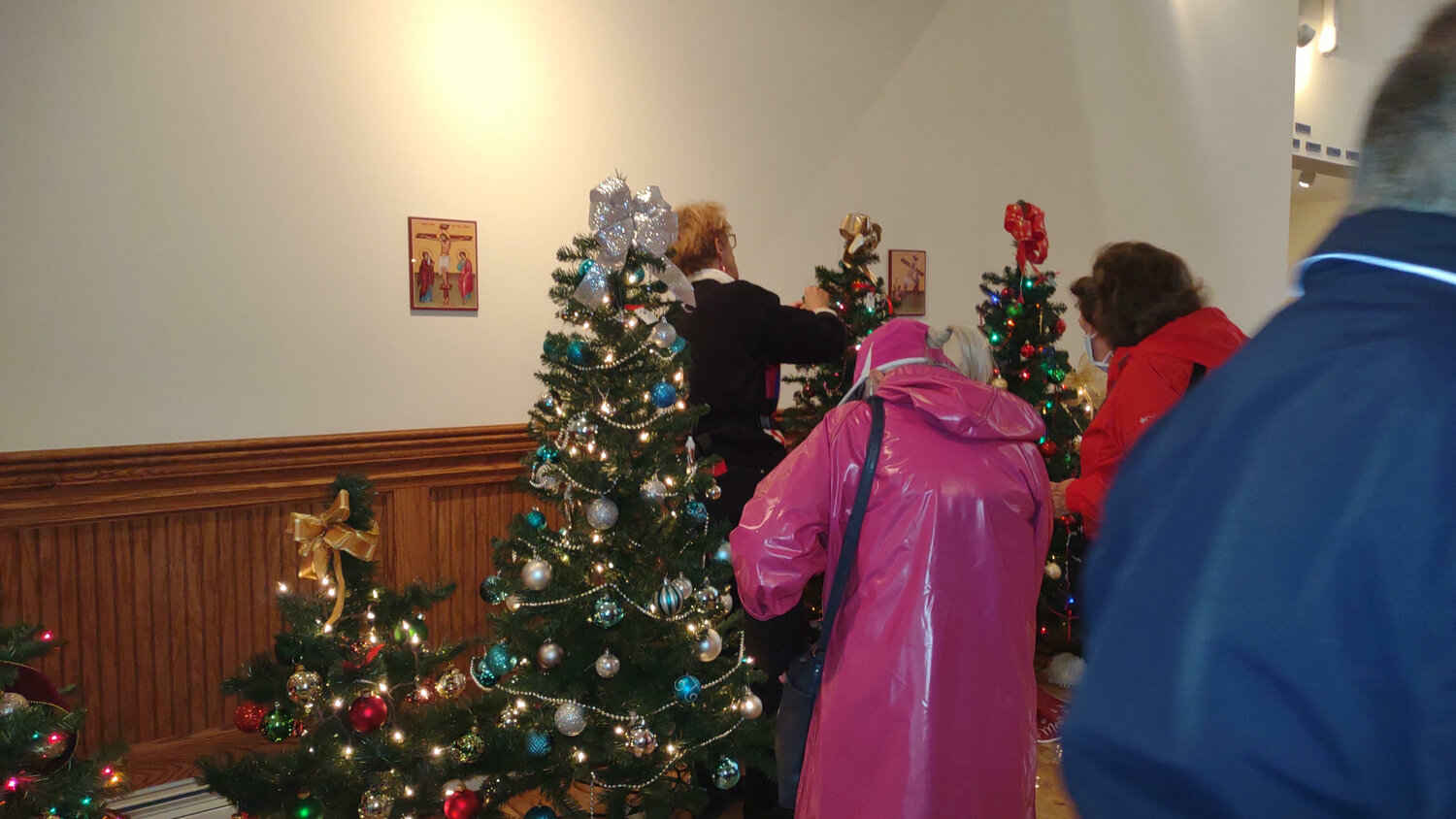 People admiring the fully decorated Christmas trees.